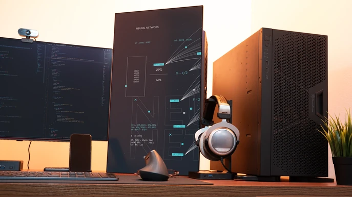 ALTERNATE Workstation AI sur bureau avec double écran, visualisation de réseau neuronal et code