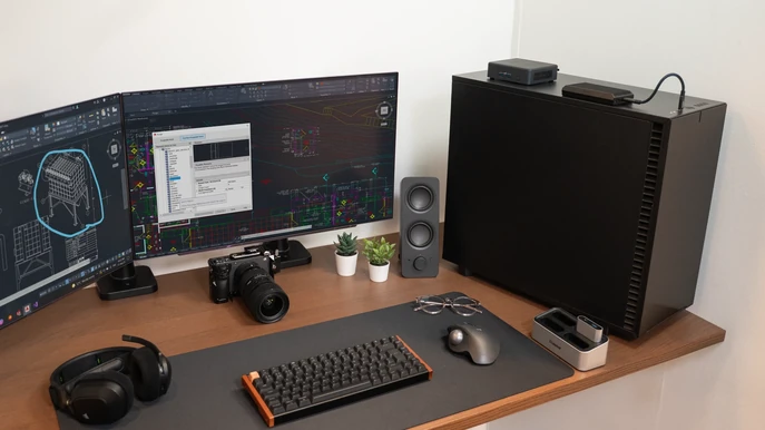 ALTERNATE Workstation CAD sur bureau avec double écran, AutoCAD et appareil photo