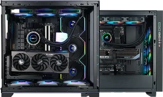Deux PC gaming ALTERNATE avec watercooling et éclairage RGB vus de l'intérieur