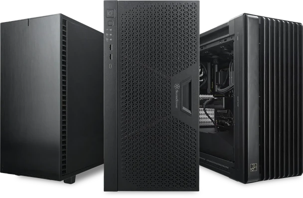 Trois tours ALTERNATE workstation noires au design professionnel minimaliste