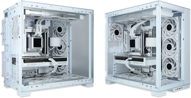Deux PC gaming ALTERNATE blancs avec panneaux en verre et watercooling