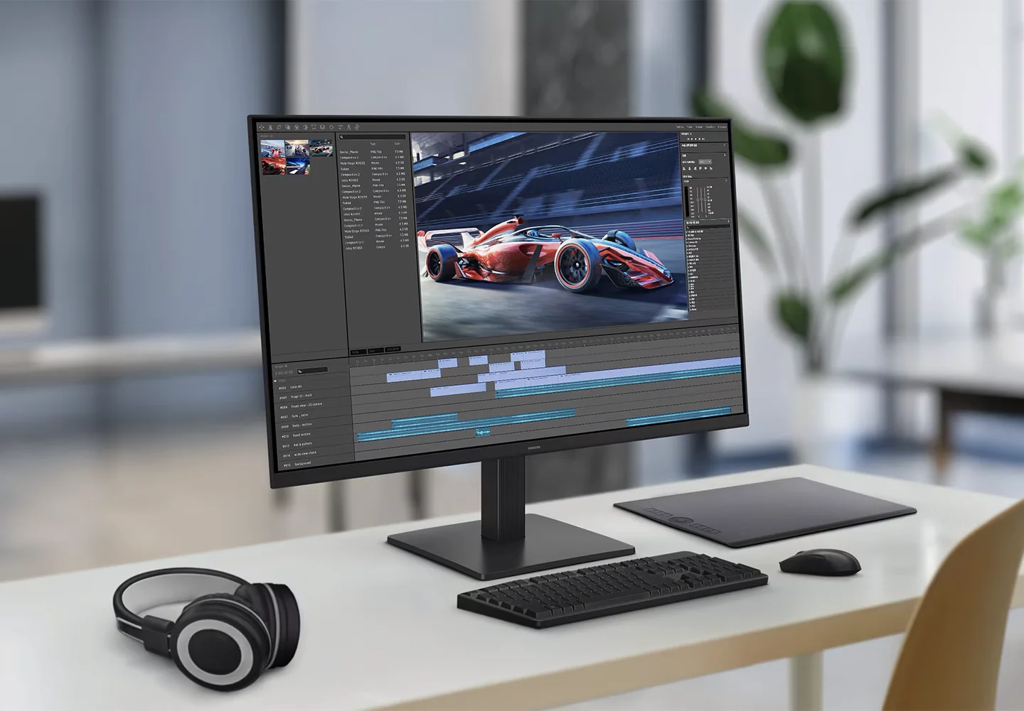 Moniteur Samsung sur bureau avec logiciel de montage vidéo, clavier et souris