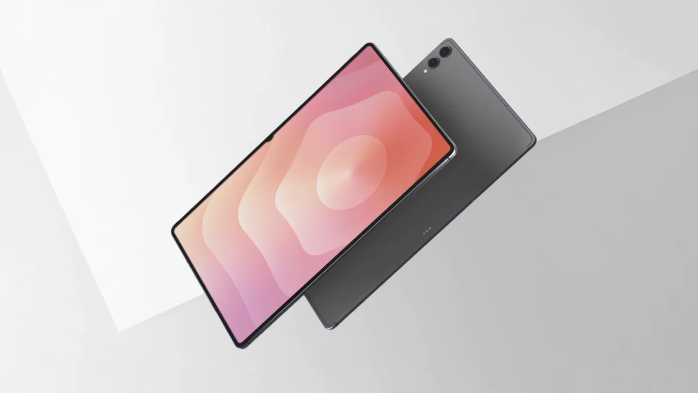 Tablette Samsung Galaxy Tab grise avec écran rose et double caméra