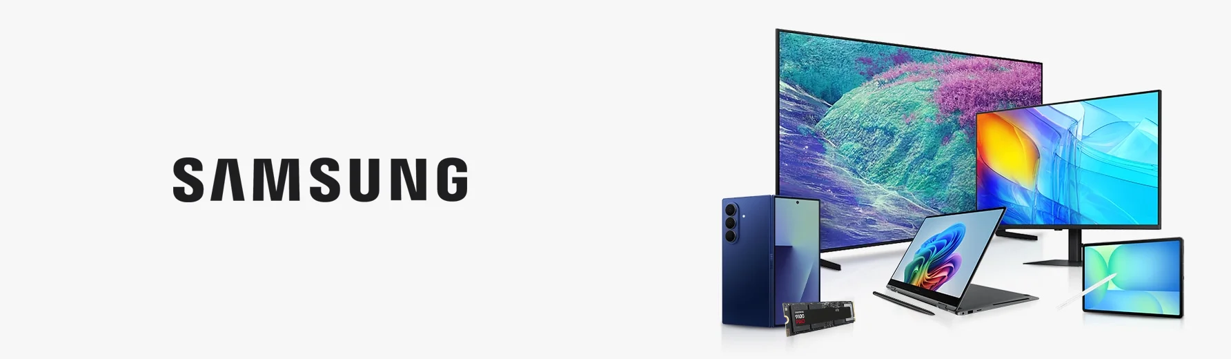 Vue d'ensemble des produits Samsung avec smartphone, tablette, moniteurs, SSD et PC portable