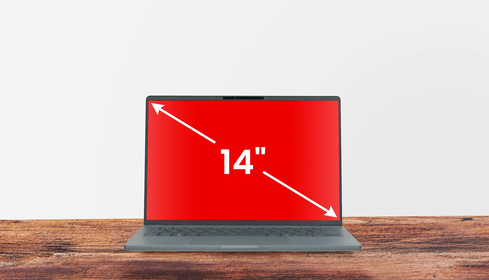 PC portable compact avec une flèche indiquant la diagonale d'écran de 14 pouces