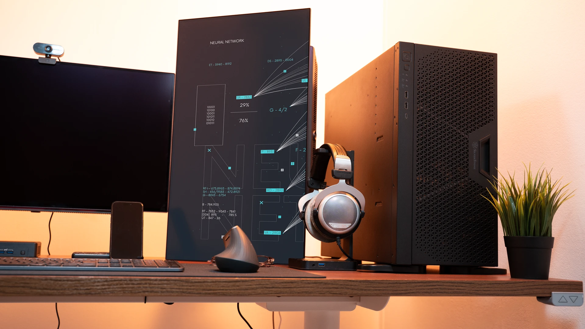 PC workstation AI avec éclairage RGB dans un setup complet