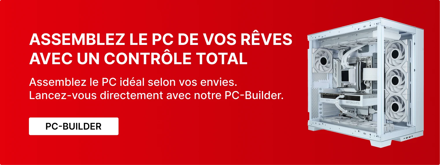 Bannière noire avec trois PC gaming haut de gamme ouverts avec cartes graphiques et watercooling visibles, avec le texte ‘Construire soi-même? Ou faire construire? – Plus d’infos’