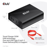 Club 3D Chargeur de voyage 132W GAN Noir, USB-A, USB-C, Power Delivery (PD) 3.0