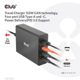 Club 3D Chargeur de voyage 132W GAN Noir, USB-A, USB-C, Power Delivery (PD) 3.0