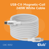 Club 3D Câble USB-C Magnetic-Coil 240 W PD3.1 blanc, 2 mètres Blanc