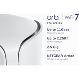Netgear RBE770 Satellite d'extension Orbi 770 Series Tri-Band WiFi 7 Mesh, Point d’accès maillé Blanc, Blanc, Interne, Système maillé, 540 m², Tri-bande (2,4 GHz / 5 GHz / 6 GHz), Wi-Fi 7 (802.11be)