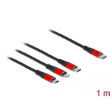 DeLOCK Câble de charge USB 3-en-1 USB-C vers Lightning + Micro-USB + USB-C Noir/Rouge, 1 mètre