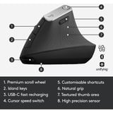 Logitech MX souris ergonomique vertical Noir/Argent, 400 - 4000 dpi, Unifying, Bluetooth, USB