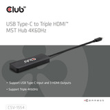 Club 3D USB-C vers Triple HDMI MST Hub 4K60Hz, Adaptateur Noir, 3x HDMI, 4K60Hz, DP 2.1 AltMode