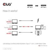 Club 3D USB-C 80Gbps Certified 240W 8k 240Hz, Câble Noir, 1.2m