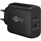goobay Chargeur rapide double USB-C PD GaN (65 W) Noir, 1x USB-C, 1x USB-A, Power Delivery