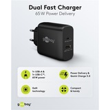 goobay Chargeur rapide double USB-C PD GaN (65 W) Noir, 1x USB-C, 1x USB-A, Power Delivery