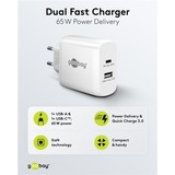 goobay Chargeur rapide USB-C PD GaN Dual (65 W) Blanc, 1x USB-C, 1x USB-A, Power Delivery