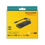 DeLOCK USB-C 3.1 > 3x USB-A 3.0 Hub + 1x VGA, Adaptateur Noir, 0,15 mètre