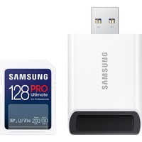 SAMSUNG PRO Ultimate 128 Go SDXC, Carte mémoire Blanc/Bleu, UHS-I U3, Classe 3, V30, lecteur de carte inclus