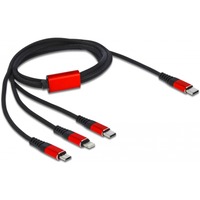 DeLOCK Câble de charge USB 3-en-1 USB-C vers Lightning + Micro-USB + USB-C Noir/Rouge, 1 mètre