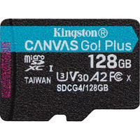 Kingston Carte microSDXC Canvas Go Plus Gen4 200R A2 U3 de 128 Go, pack unique sans ADP, Carte mémoire Noir, pack unique sans ADP, 128 Go, MicroSD, Classe 10, UHS-I, 200 Mo/s, 100 Mo/s