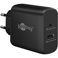 goobay 65W GaN USB-C PD Dual Fast Charger Noir, 1x USB-C, 1x USB-A