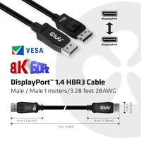 Club 3D DisplayPort 1.4 - DisplayPort 1.4 mâle-mâle, Câble Noir, 1 mètre, 8K 60Hz ou 2x 4K 60Hz, 32.4Gbps