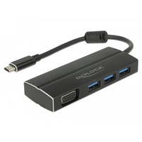 DeLOCK USB-C 3.1 > 3x USB-A 3.0 Hub + 1x VGA, Adaptateur Noir, 0,15 mètre